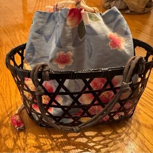 Woven Tote with Blue Floral Drawstring Liner